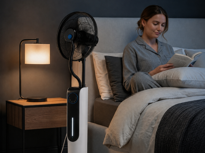 Ventilateur brumisateur dans une chambre la nuit avec une femme lisant au lit dans une ambiance calme et fraîche