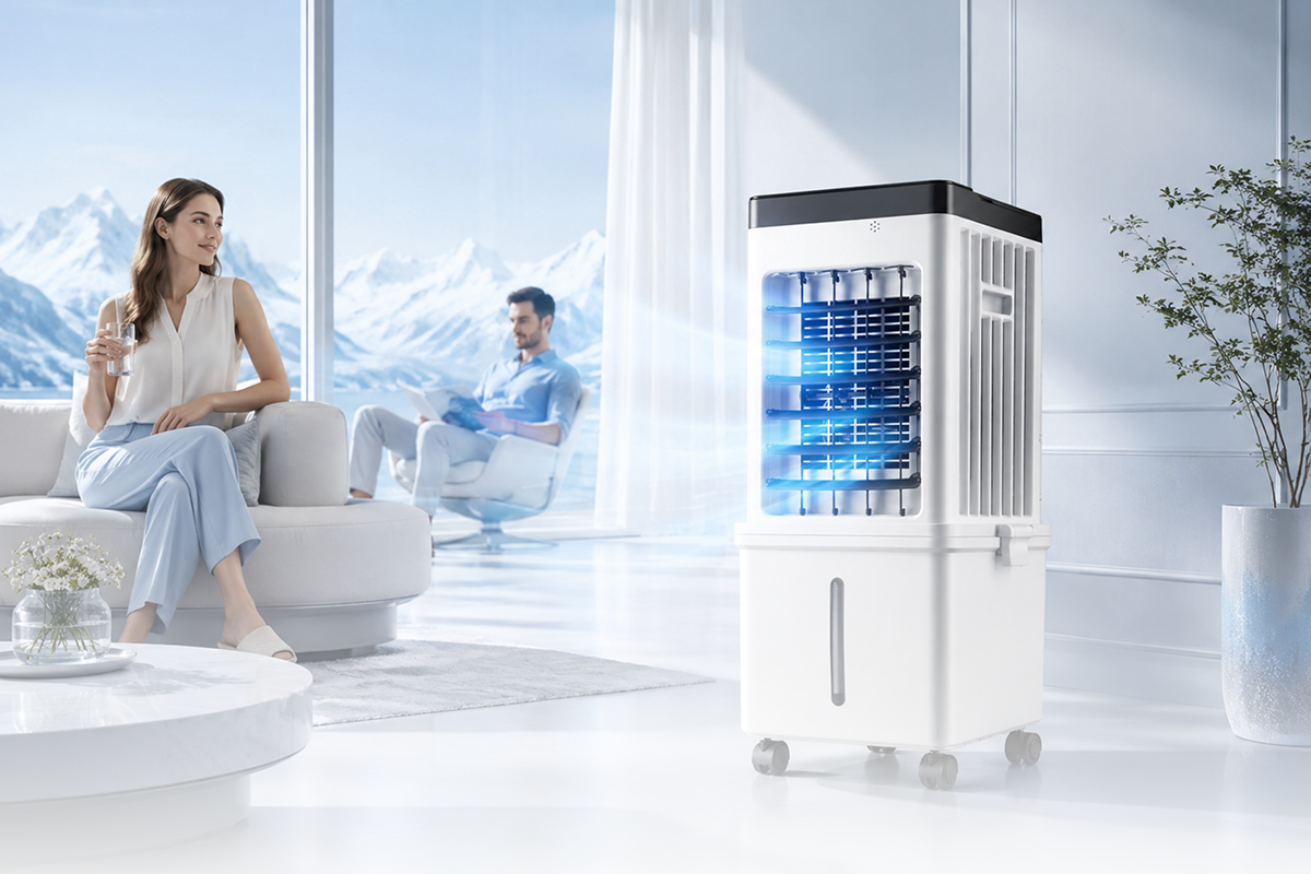 Rafraîchisseur d’air mobile dans un salon lumineux avec diffusion d’air frais et ambiance glacier