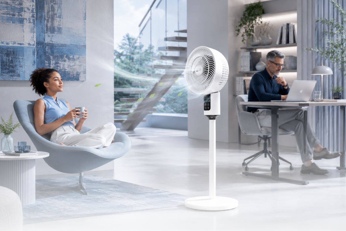 Ventilateur sur pied dans un intérieur moderne avec air frais diffusé pour rafraîchir la maison