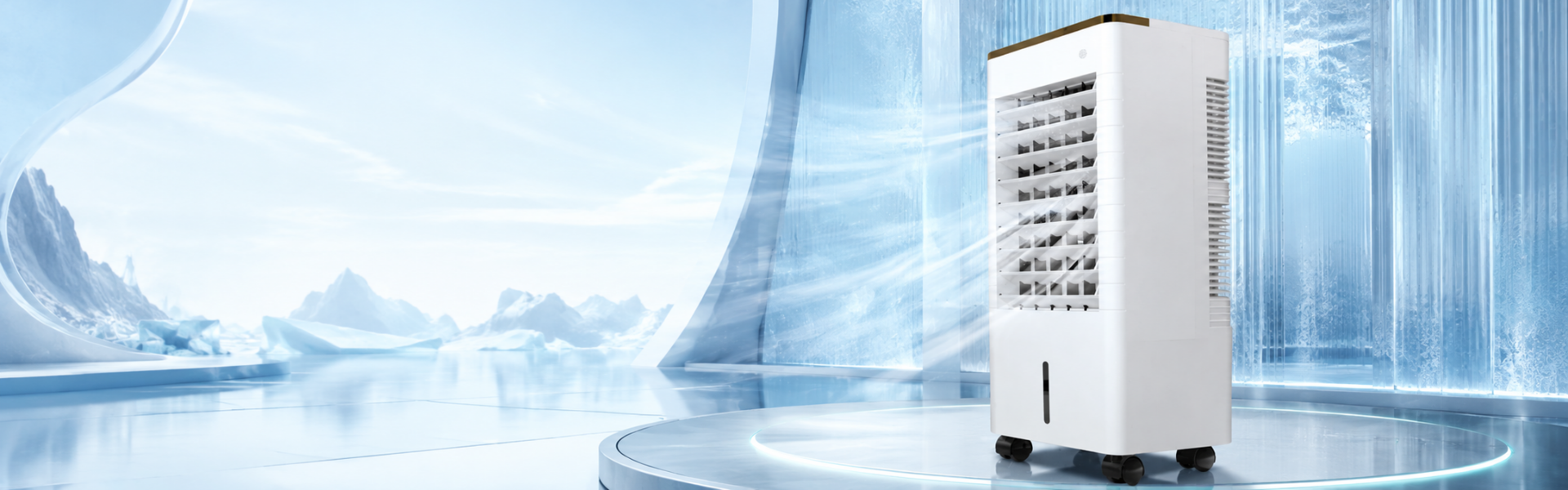 Bannière avec climatiseur mobile diffusant de l’air frais dans un décor glacier moderne