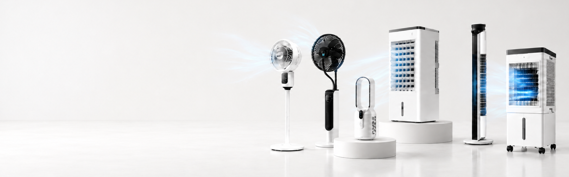 Bannière présentant une gamme de ventilateurs, climatiseurs mobiles et rafraîchisseurs d’air pour garder un intérieur frais