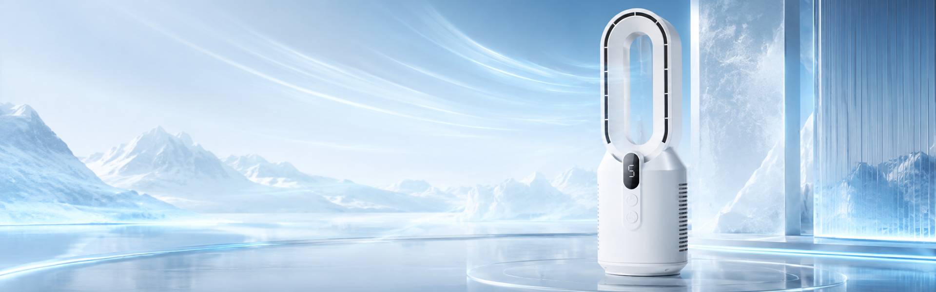 Bannière avec ventilateur sans pales dans un décor glacier diffusant un air frais moderne et puissant