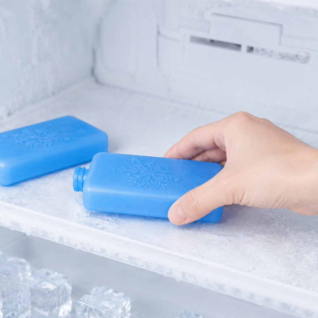 Bloc réfrigérant placé au congélateur pour maximiser la fraîcheur du climatiseur mobile
