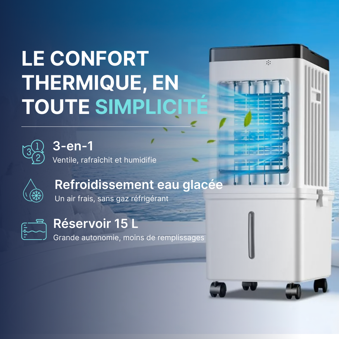 Climatiseur mobile 3 en 1 avec refroidissement à eau glacée et réservoir 15 L pour rafraîchir, ventiler et humidifier une pièce