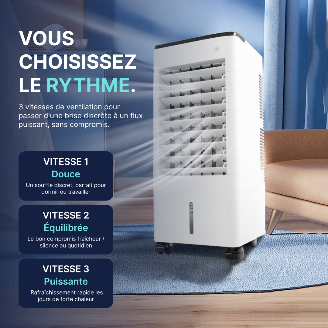 Climatiseur mobile avec 3 vitesses de ventilation pour choisir entre un souffle doux, équilibré ou puissant