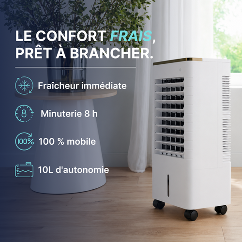 Climatiseur mobile avec fraîcheur immédiate, minuterie 8 heures, roulettes et réservoir 10 L pour rafraîchir facilement une pièce