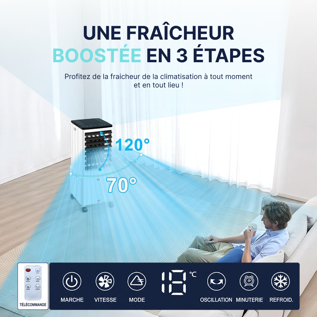 Climatiseur mobile avec télécommande, oscillation large et modes de réglage pour diffuser un air frais dans toute la pièce