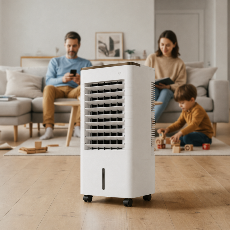 Climatiseur mobile dans un salon familial avec des parents et un enfant profitant d’un intérieur frais