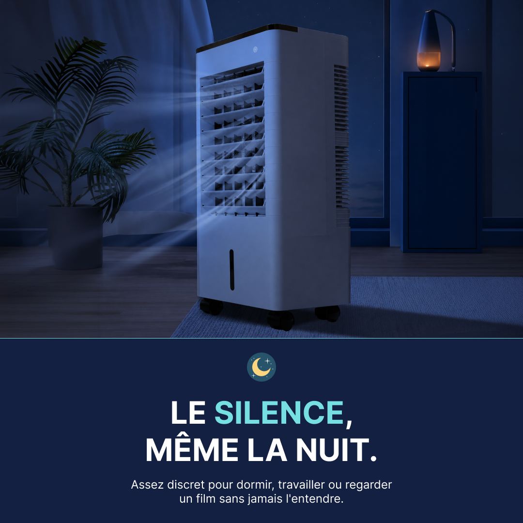 Climatiseur mobile silencieux diffusant un air frais discret la nuit pour dormir, travailler ou se détendre sans bruit