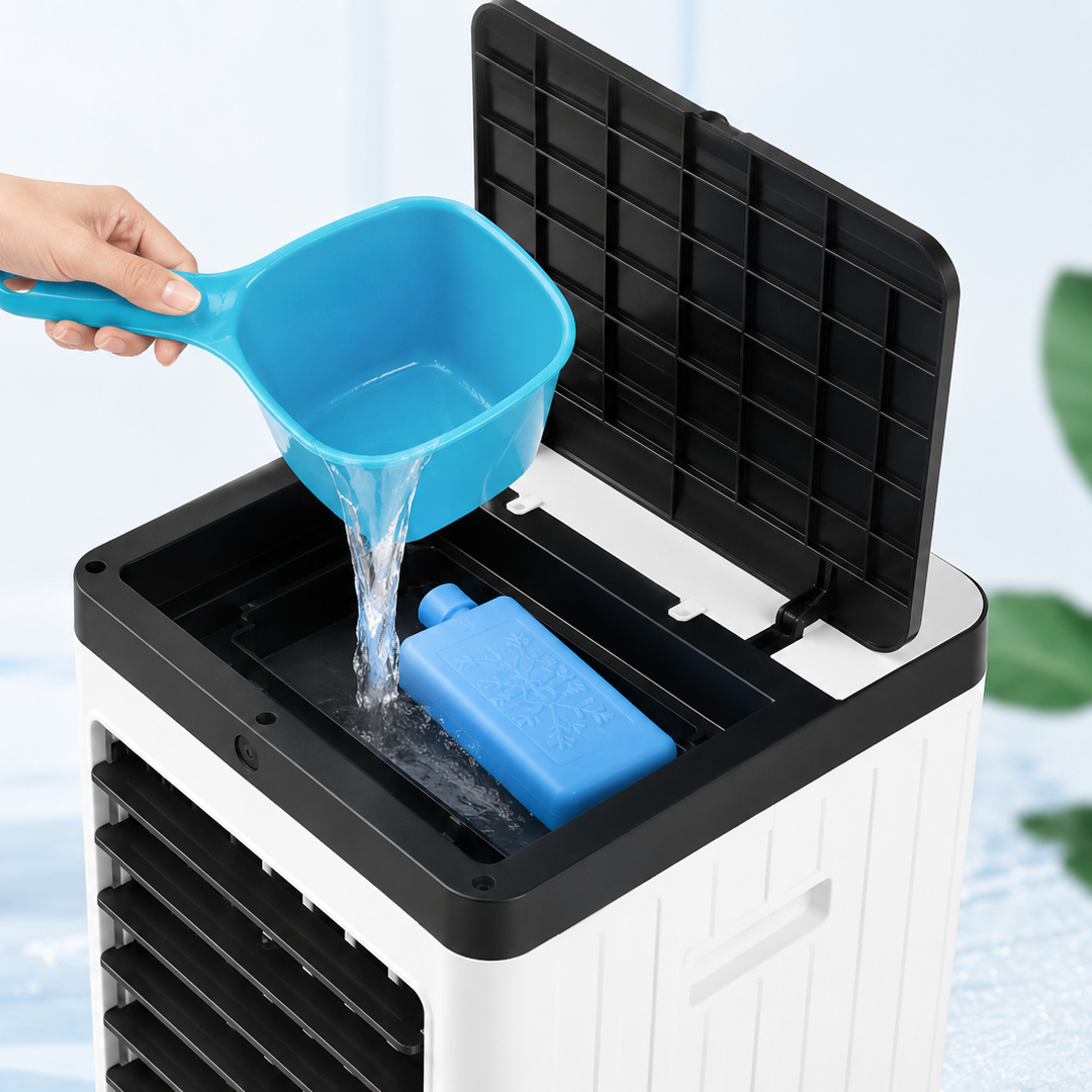 Installation d’un bloc réfrigérant glacé et ajout d’eau dans le réservoir d’un climatiseur mobile
