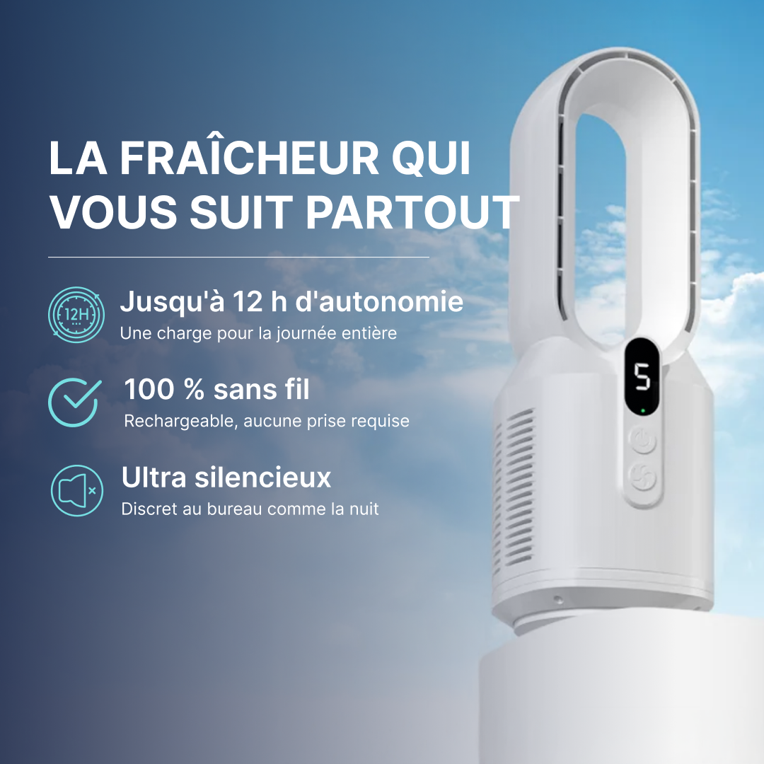 Mini ventilateur sans fil avec jusqu’à 12 heures d’autonomie, rechargeable et ultra silencieux pour rester au frais partout
