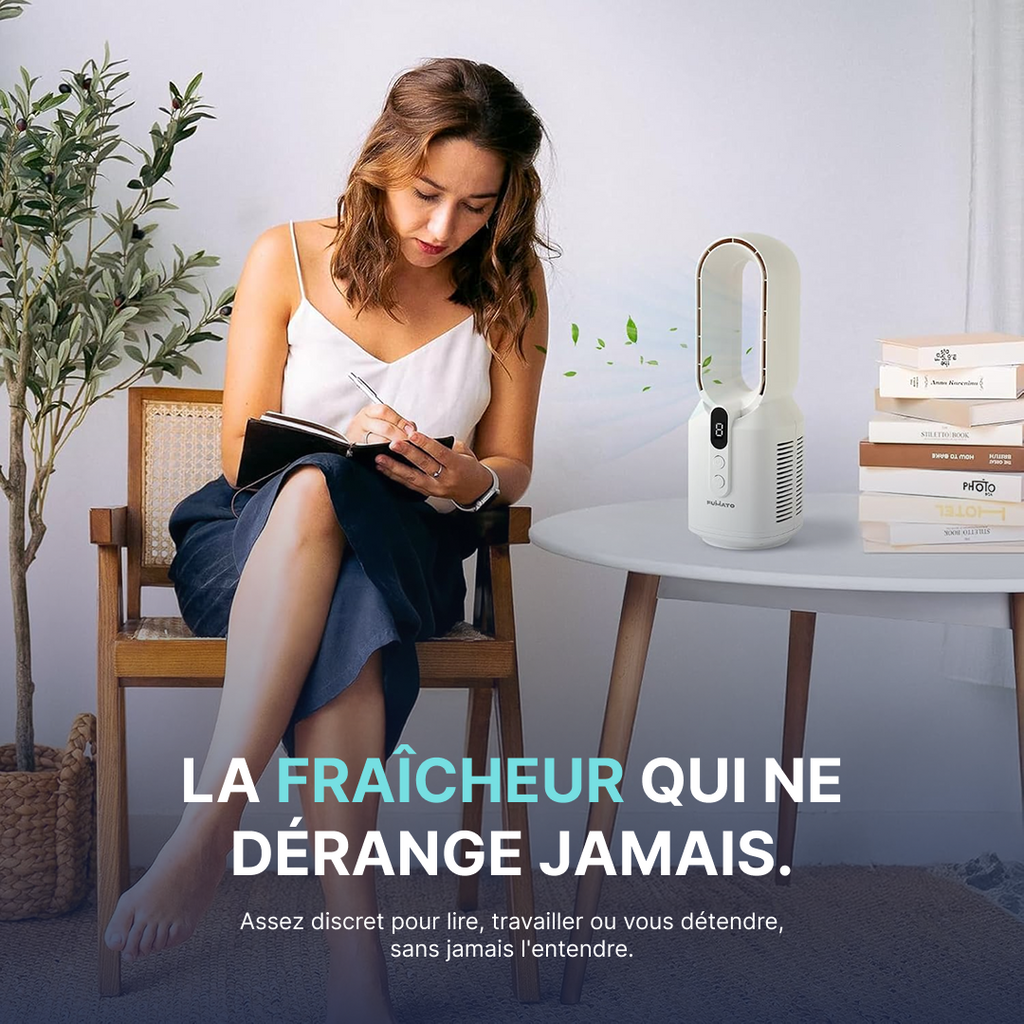Mini ventilateur sans pales silencieux diffusant un air frais discret pendant la lecture ou le travail