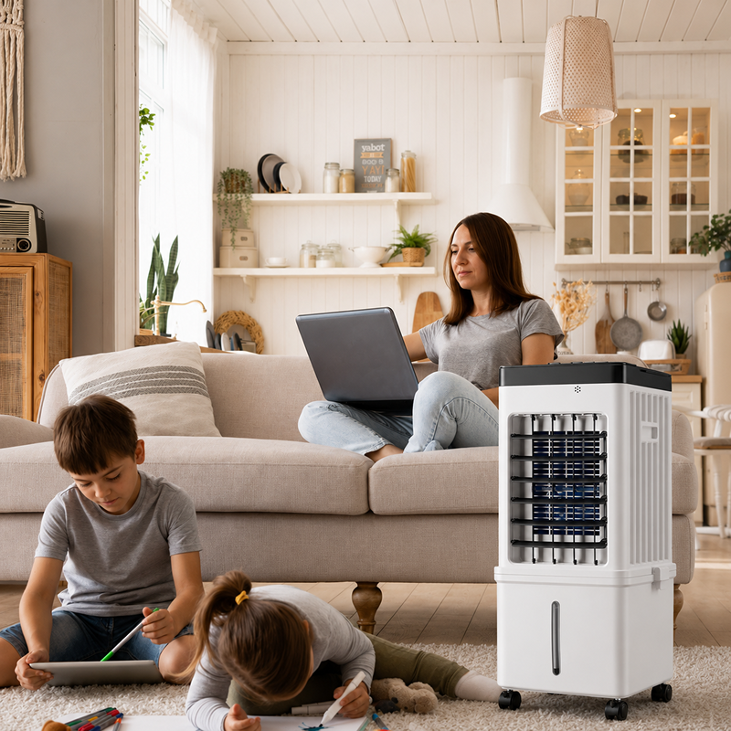 Rafraîchisseur d’air mobile dans un salon familial avec une femme travaillant et des enfants jouant au frais