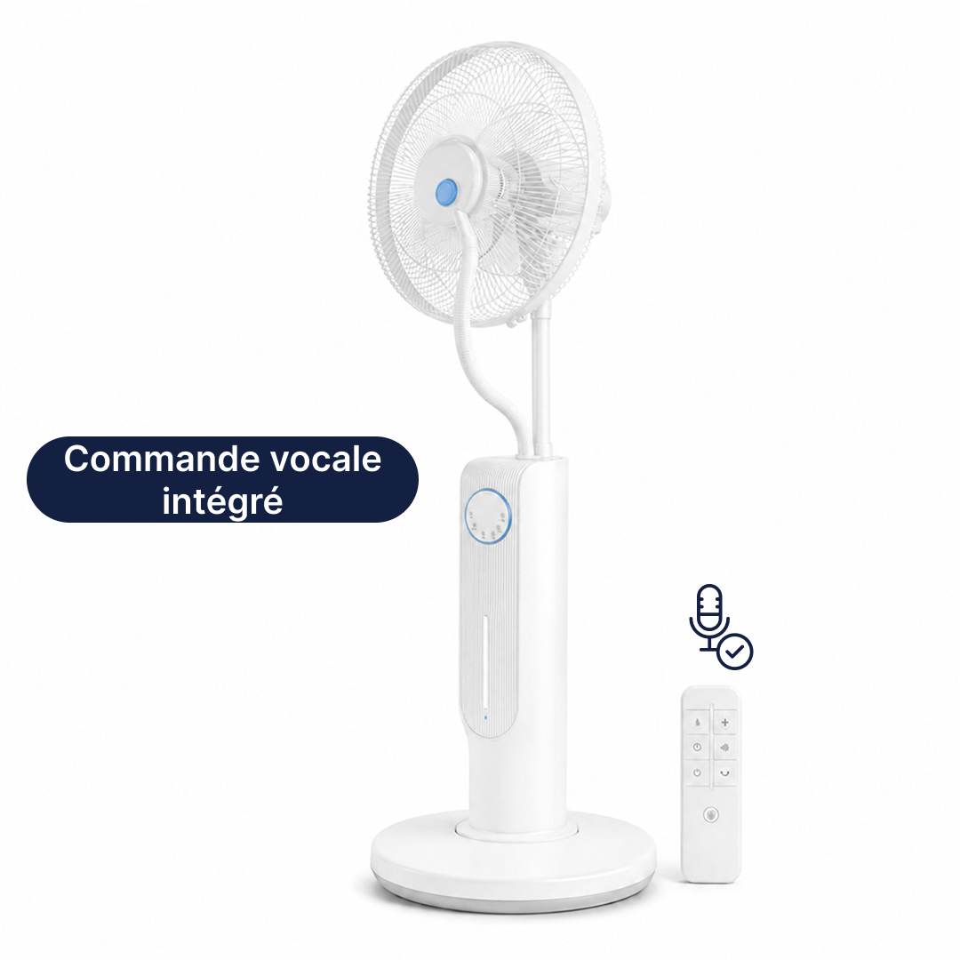 Ventilateur brumisateur blanc avec commande vocale intégrée et télécommande pour régler facilement la fraîcheur