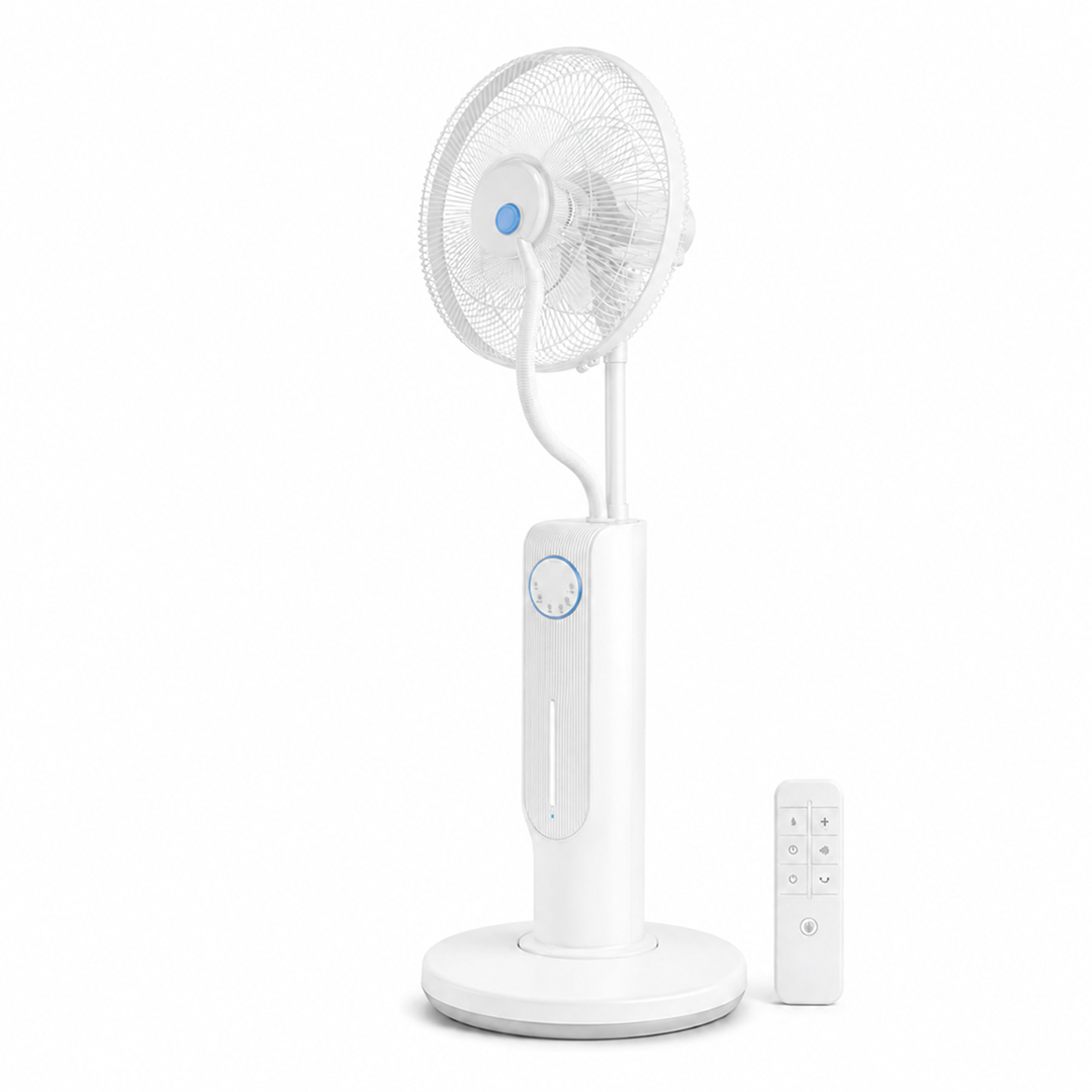 Ventilateur brumisateur blanc sur pied avec télécommande pour rafraîchir facilement une pièce