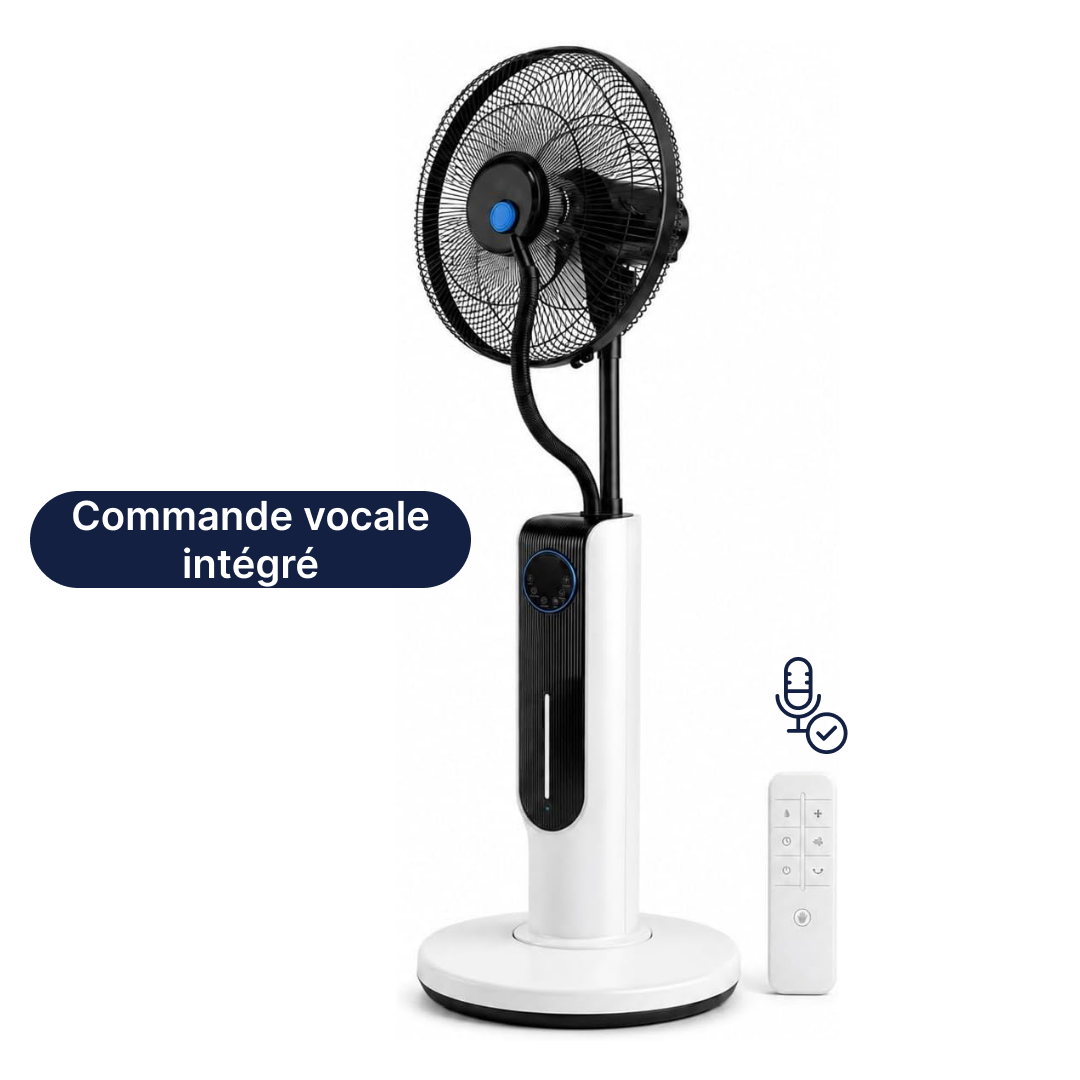 Ventilateur brumisateur sur pied avec commande vocale intégrée et télécommande pour régler la fraîcheur facilement
