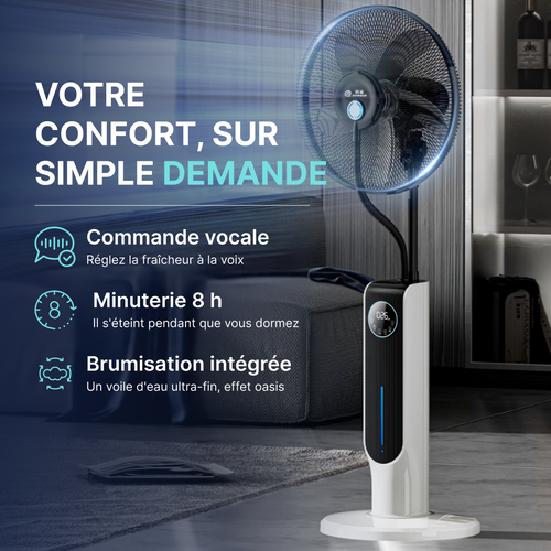 Ventilateur brumisateur avec commande vocale, minuterie 8 heures et brumisation intégrée pour un confort frais à la maison