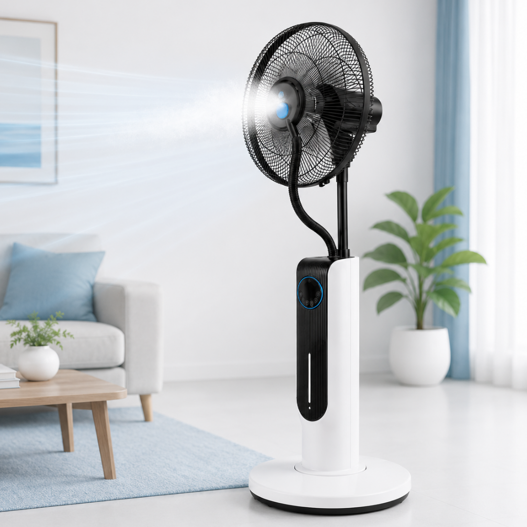 Ventilateur brumisateur sur pied diffusant de l’air frais dans un salon lumineux