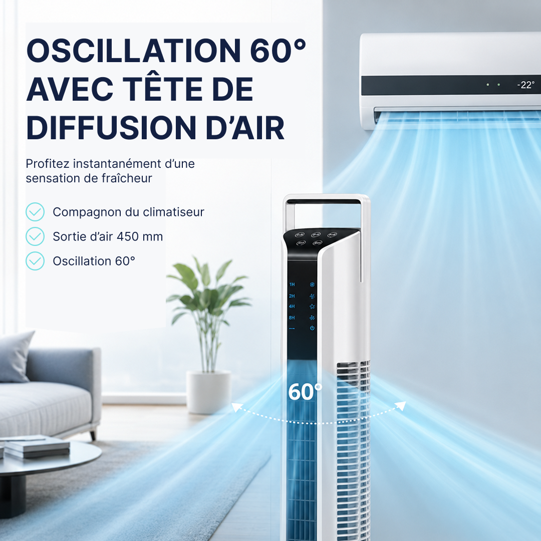 Ventilateur colonne avec oscillation 60 degrés et tête de diffusion d’air pour rafraîchir toute la pièce
