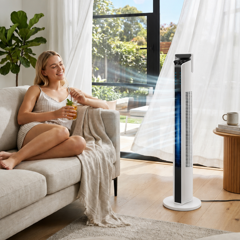 Ventilateur colonne diffusant de l’air frais dans un salon lumineux avec une femme se relaxant sur un canapé