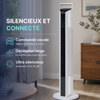 Ventilateur colonne silencieux et connecté avec commande vocale, oscillation large et faible niveau sonore