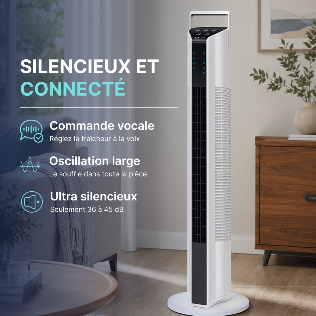 Ventilateur colonne silencieux et connecté avec commande vocale, oscillation large et faible niveau sonore
