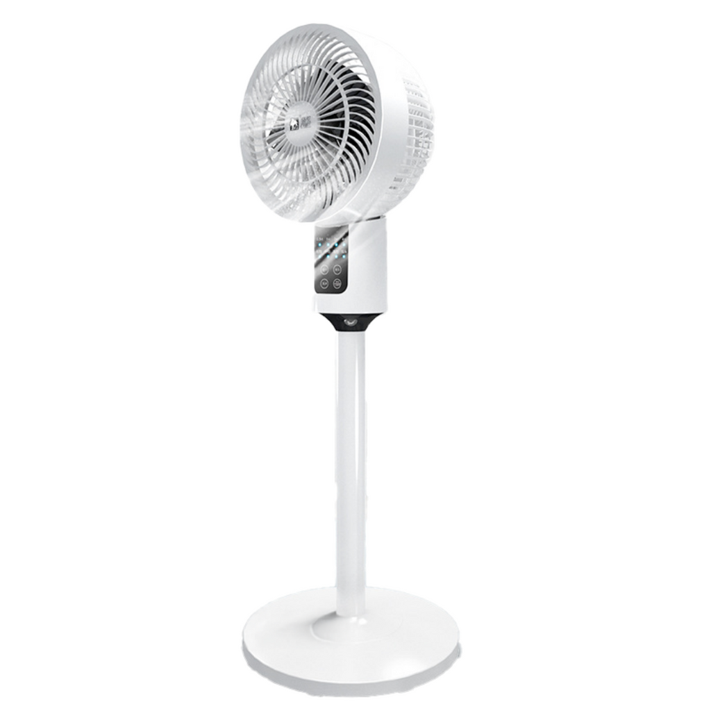 Ventilateur sur pied blanc connecté avec panneau de contrôle pour rafraîchir facilement une pièce