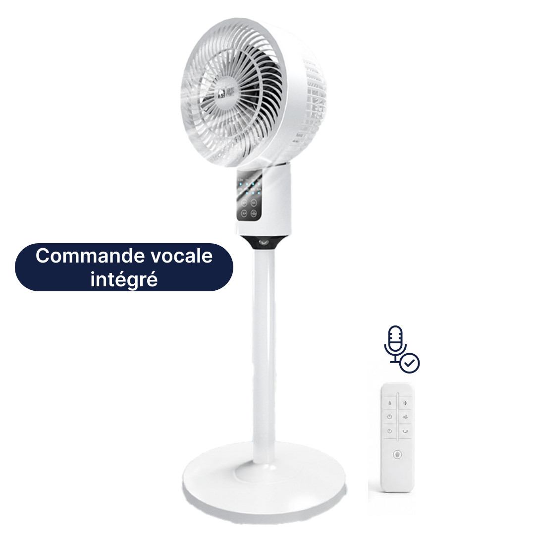 Ventilateur sur pied blanc avec commande vocale intégrée et télécommande pour régler facilement l’air frais
