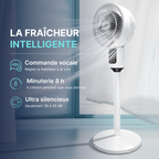 Ventilateur sur pied intelligent avec commande vocale, minuterie 8 heures et fonctionnement ultra silencieux