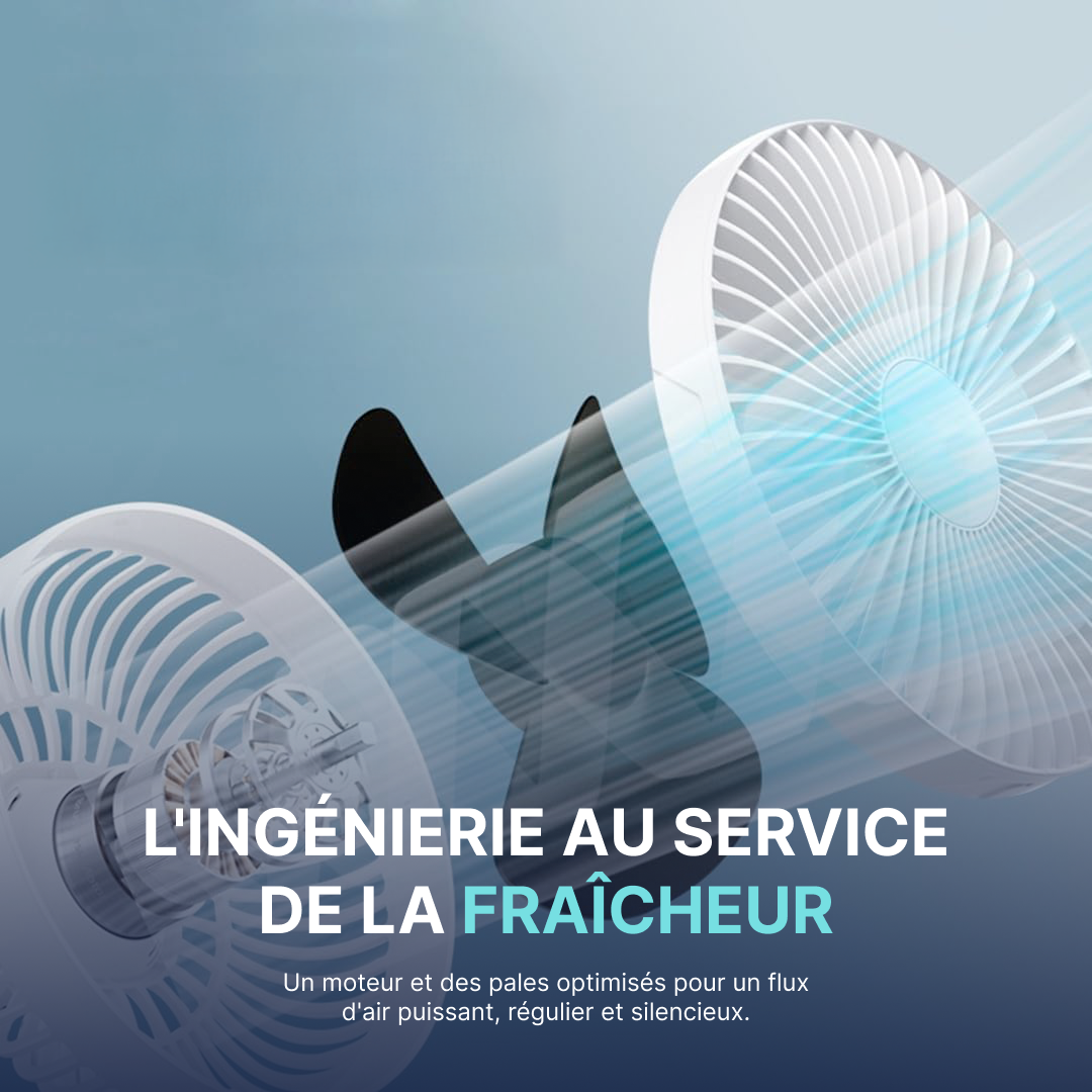 Ventilateur sur pied avec moteur et pales optimisés pour un flux d’air puissant, régulier et silencieux