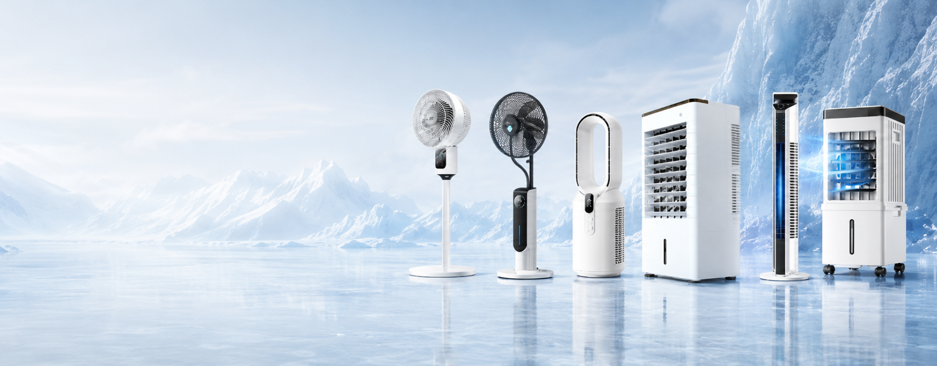 Gamme de ventilateurs, climatiseurs et rafraîchisseurs d’air présentée dans un décor glacier frais et moderne